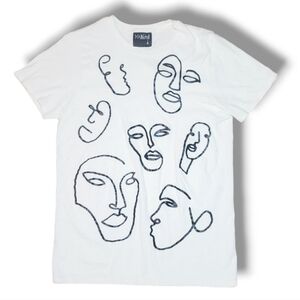 #R Faces Abstract Line Art Drawing Tee Minimalist Aesthetic Top T-Shirt Medium